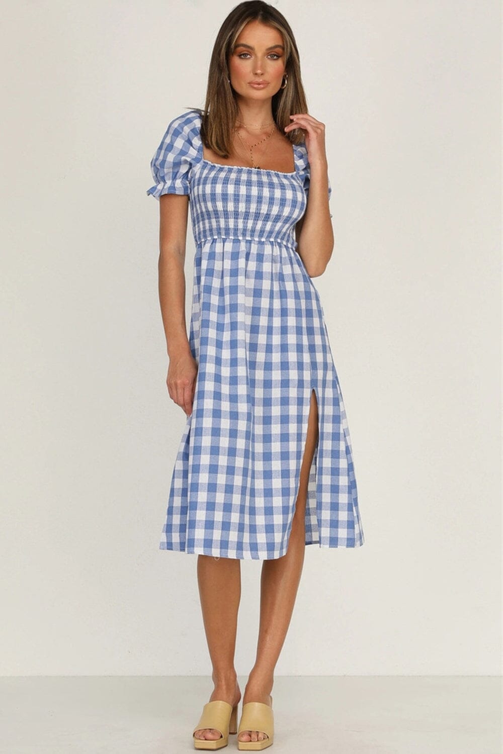 Full Size Slit Plaid Short Sleeve Midi Dress - Sydney So Sweet