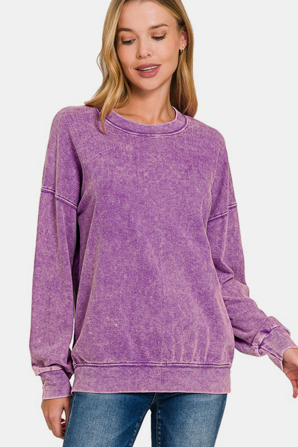 Zenana Washed Round Neck Dropped Shoulder Sweatshirt - Sydney So Sweet