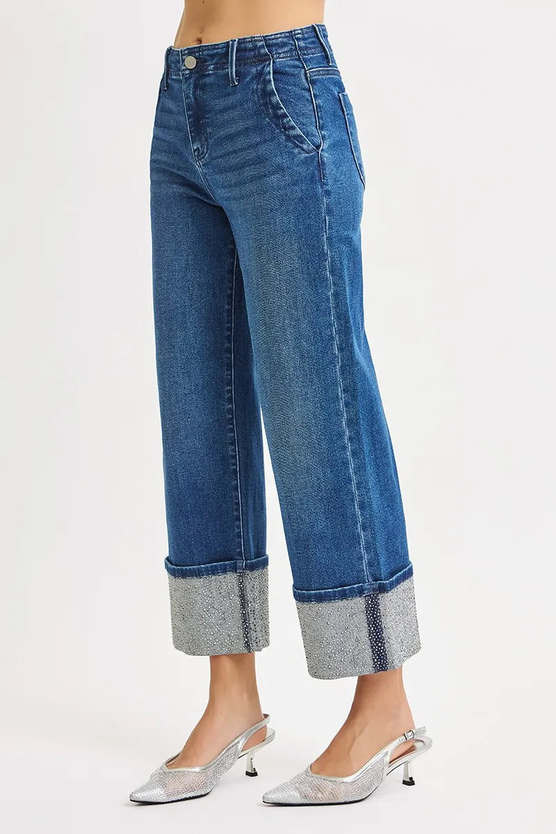 RISEN High Rise Ankle Wide Rhine Stone Cuffed Jeans - Sydney So Sweet