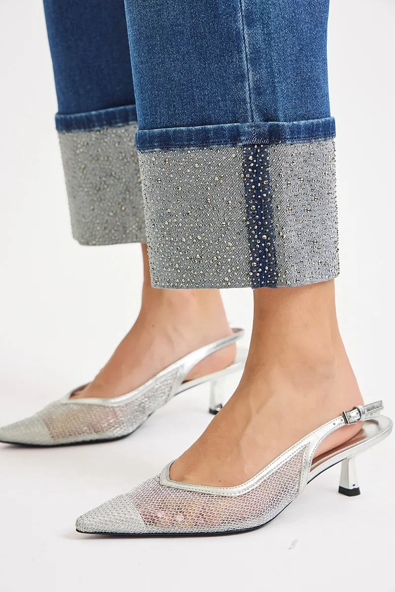 RISEN High Rise Ankle Wide Rhine Stone Cuffed Jeans - Sydney So Sweet