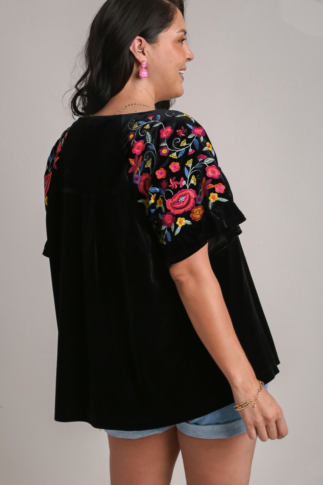 Umgee Full Size Velvet Embroidery Short Sleeve Blouse - Sydney So Sweet