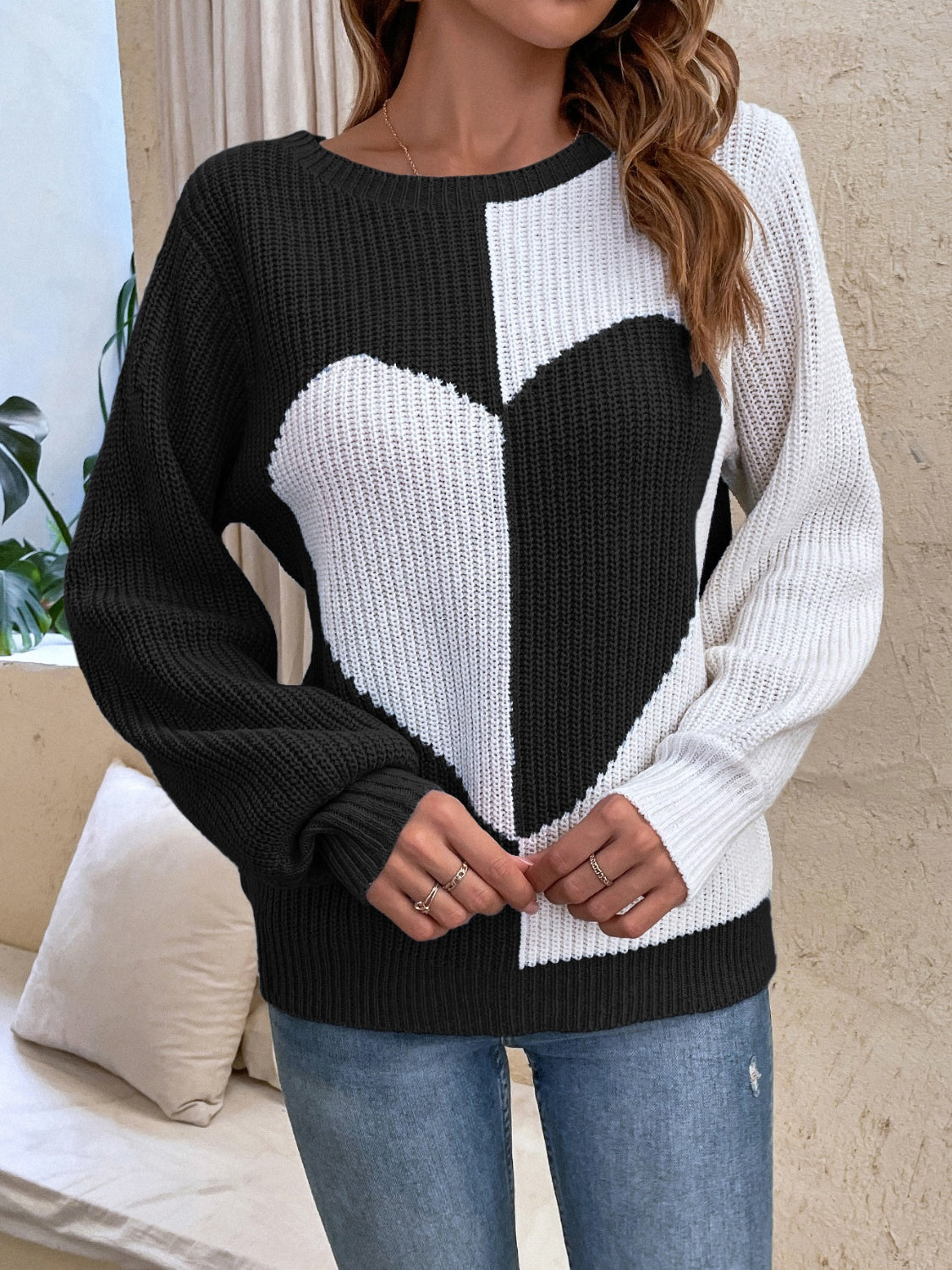 Contrast Heart Round Neck Long Sleeve Sweater - Sydney So Sweet