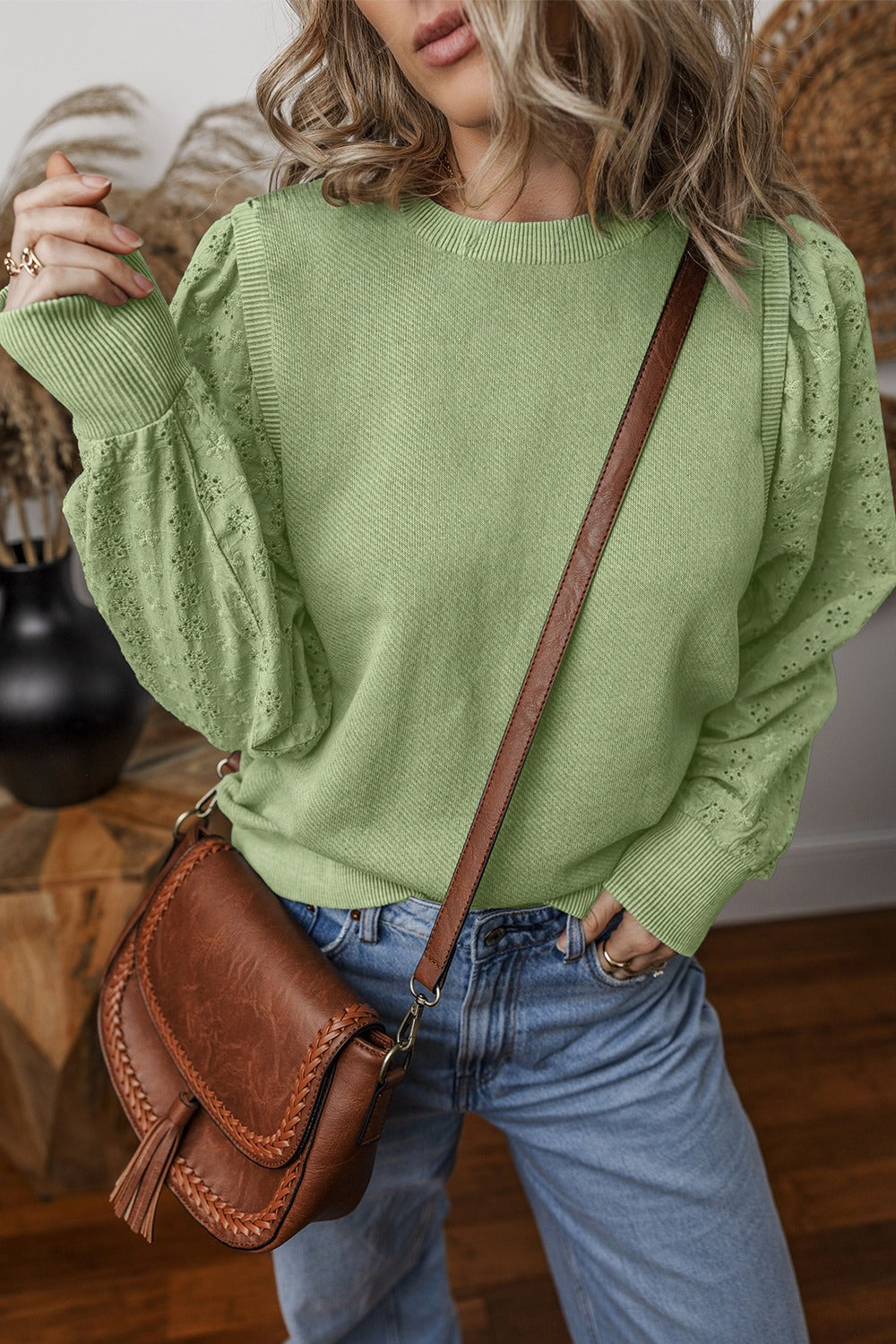 Eyelet Round Neck Long Sleeve Sweatshirt - Sydney So Sweet