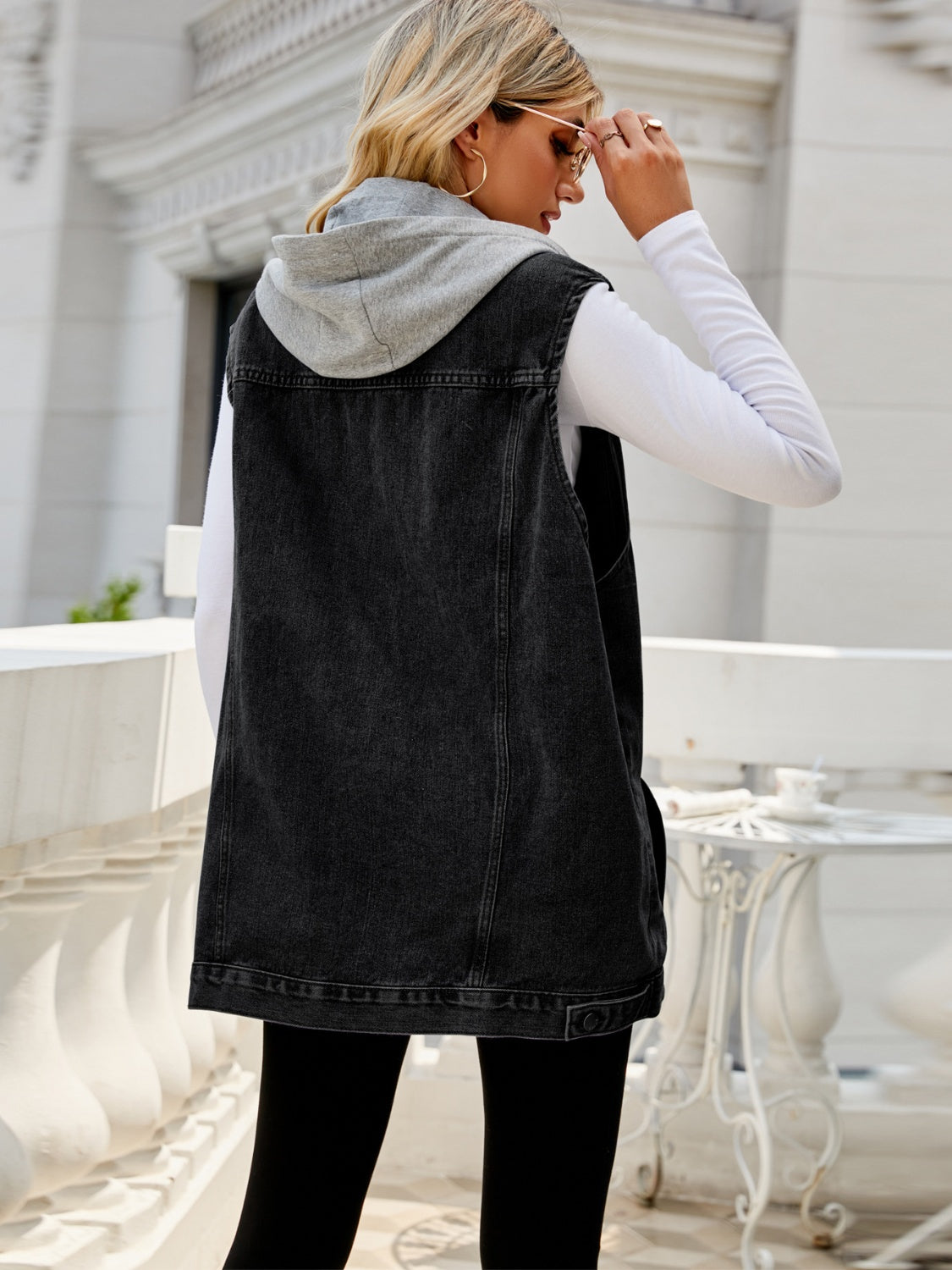 Drawstring Pocketed Button Up Sleeveless Denim Jacket - Sydney So Sweet