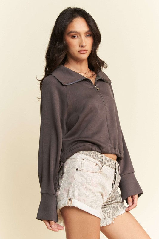 Davi & Dani Drawstring Hem Half Zip Raglan Sleeve Sweatshirt - Sydney So Sweet