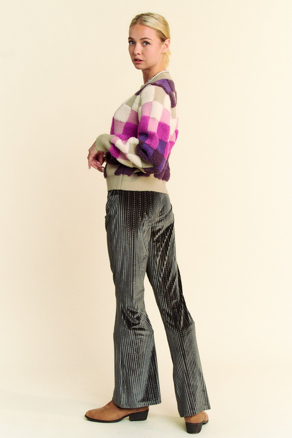 Davi & Dani Checkered Round Neck Long Sleeve Sweater - Sydney So Sweet