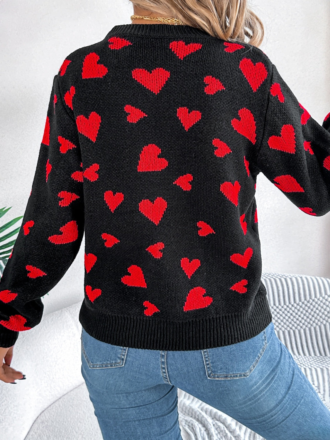 Heart Round Neck Long Sleeve Sweater - Sydney So Sweet