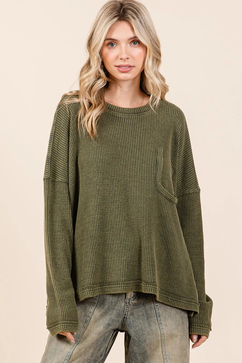 Mittoshop Mineral Wash Cutout Pocket Long Sleeve Waffle Top - Sydney So Sweet