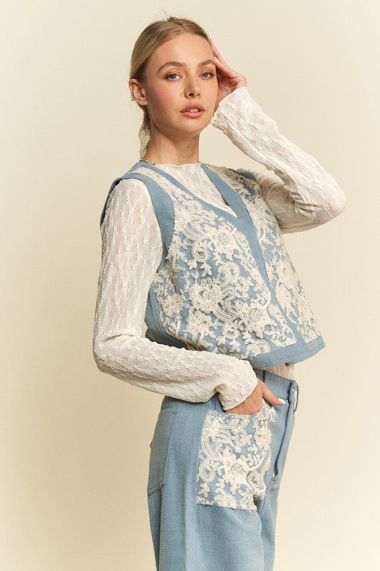 Davi & Dani Lace Patch Open Front Denim Vest - Sydney So Sweet