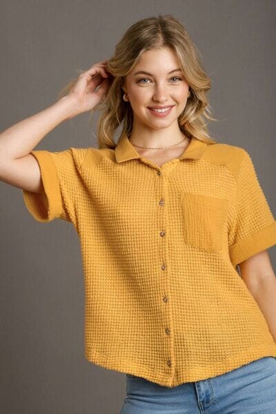 Umgee Full Size Waffle-Knit Short Sleeve Button Down Shirt Plus Size - Sydney So Sweet