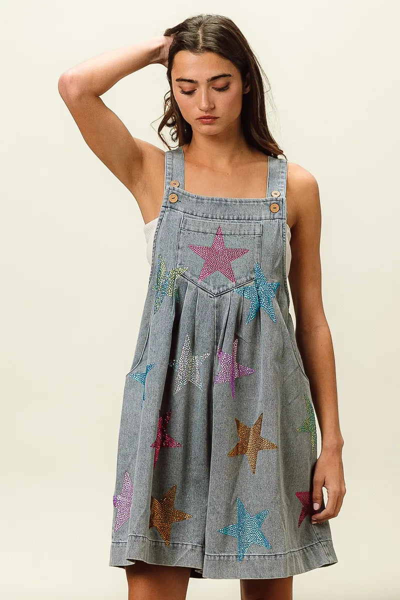 BiBi Star Rhinestone Washed Wide Leg Shortalls - Sydney So Sweet