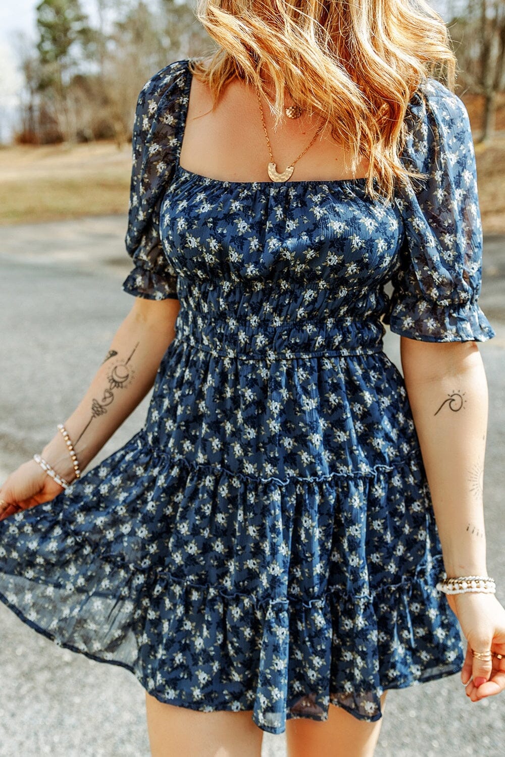 Printed Square Neck Short Sleeve Dress - Sydney So Sweet