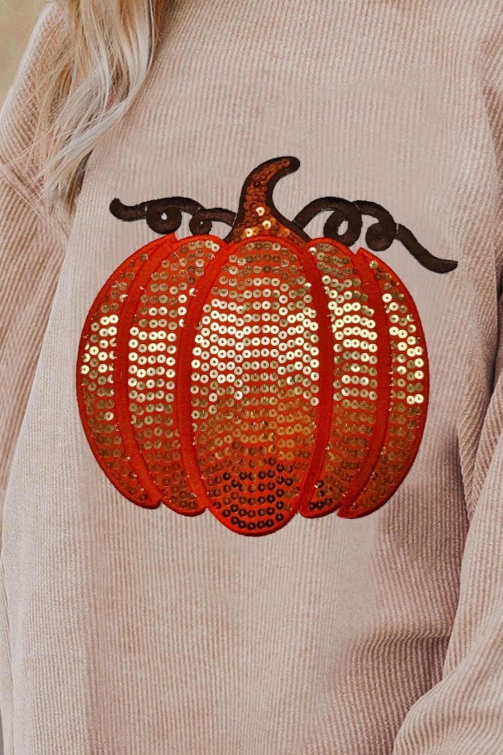 Sequin Pumpkin Round Neck Long Sleeve Sweatshirt - Sydney So Sweet