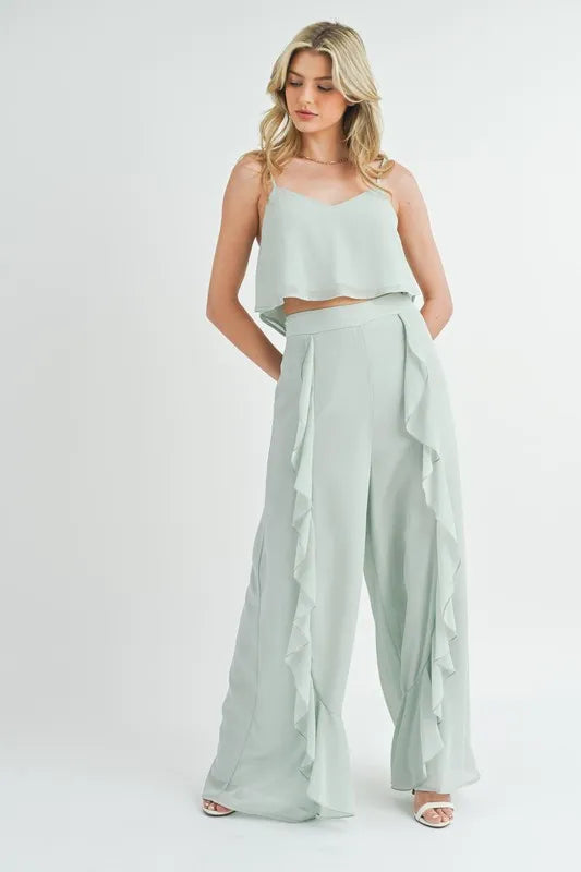 MABLE Crop Cami and Ruffled Wide Leg Pants Set - Sydney So Sweet
