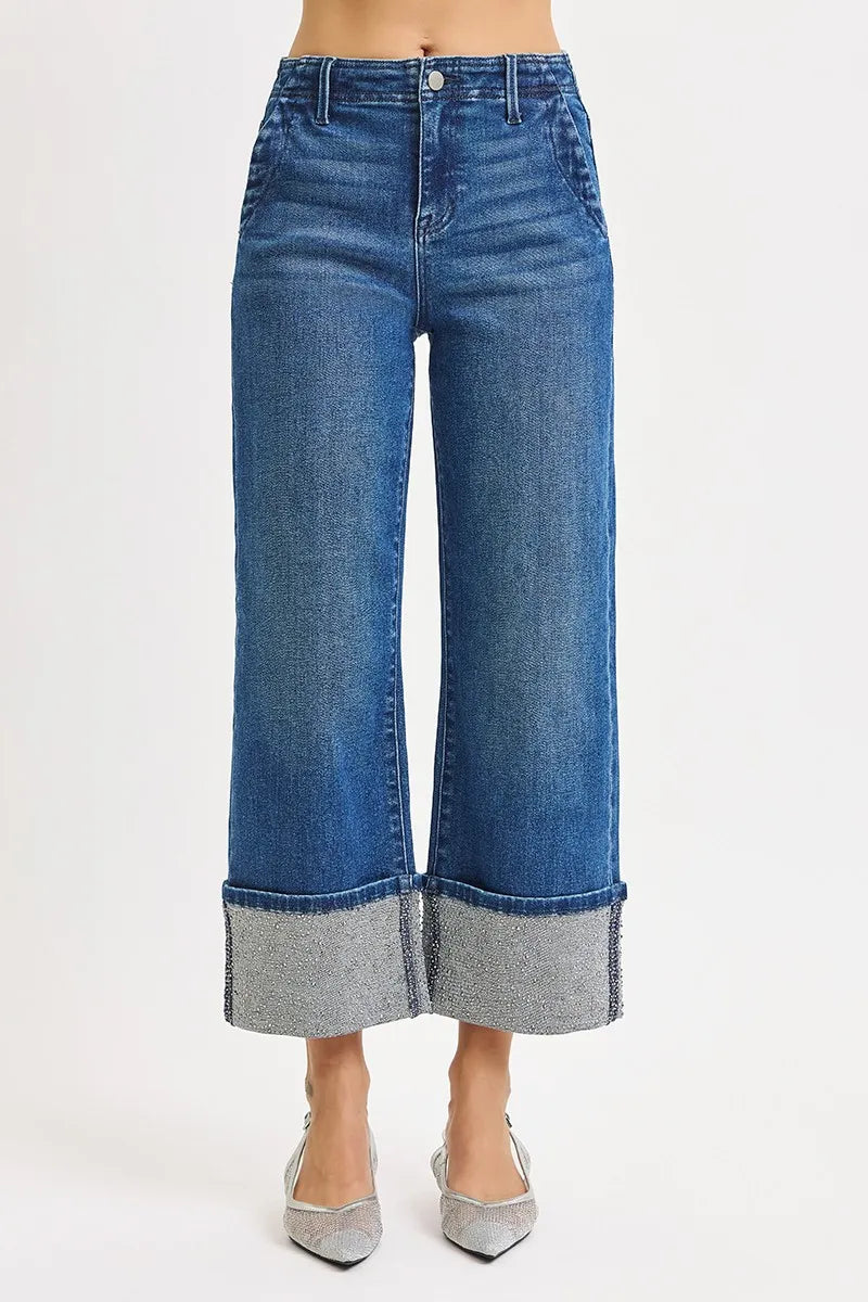 RISEN High Rise Ankle Wide Rhine Stone Cuffed Jeans - Sydney So Sweet