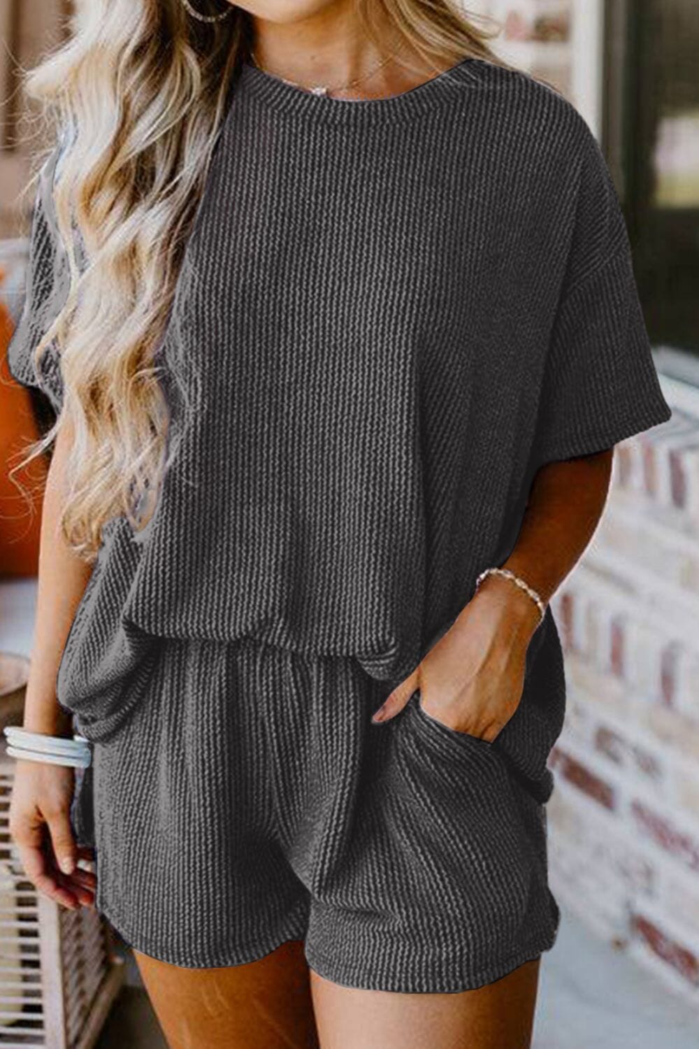 Textured Round Neck Top and Shorts Set - Sydney So Sweet