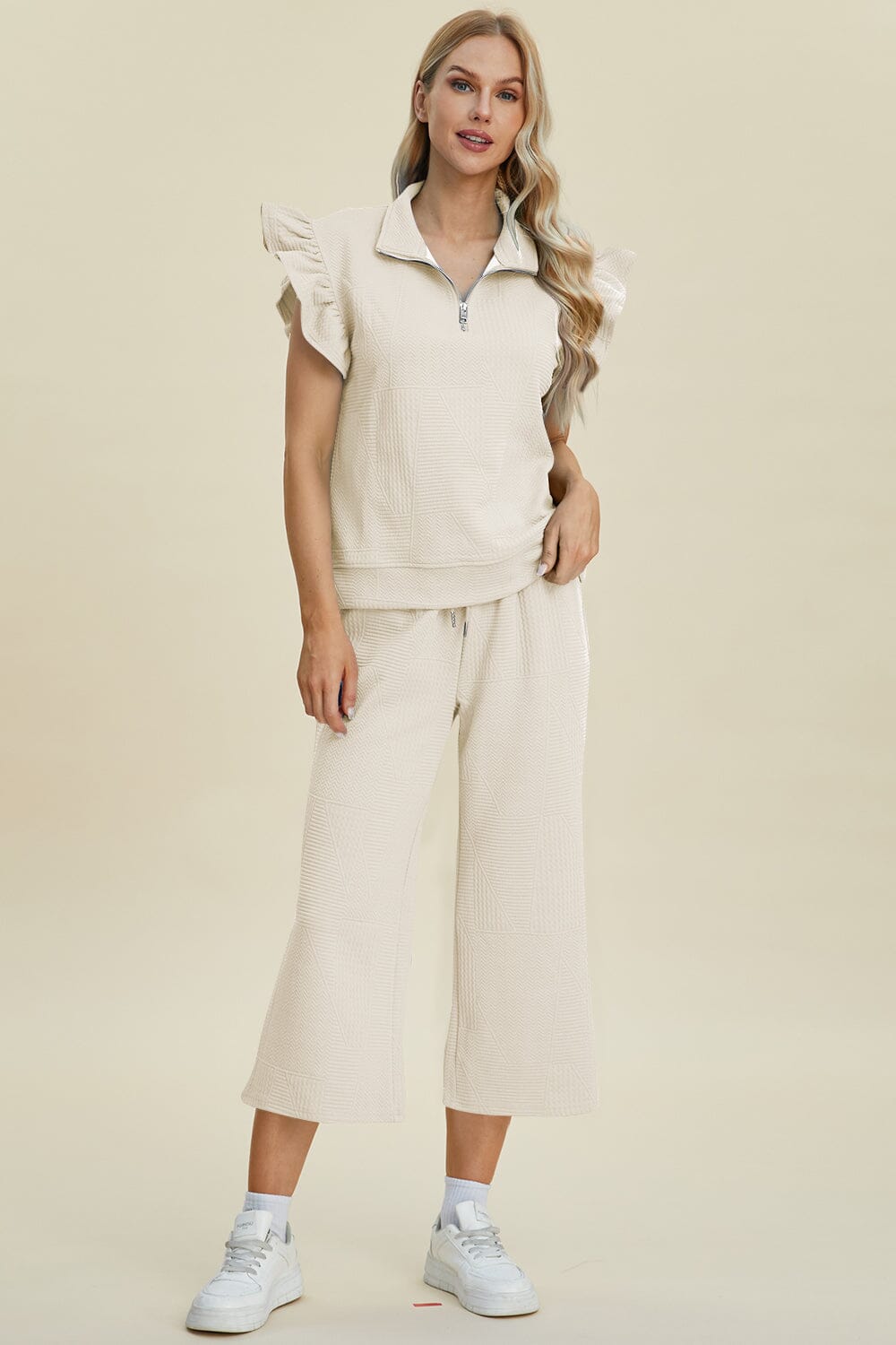 Double Take Full Size Texture Ruffle Short Sleeve Top and Wide Leg Pants Set - Sydney So Sweet