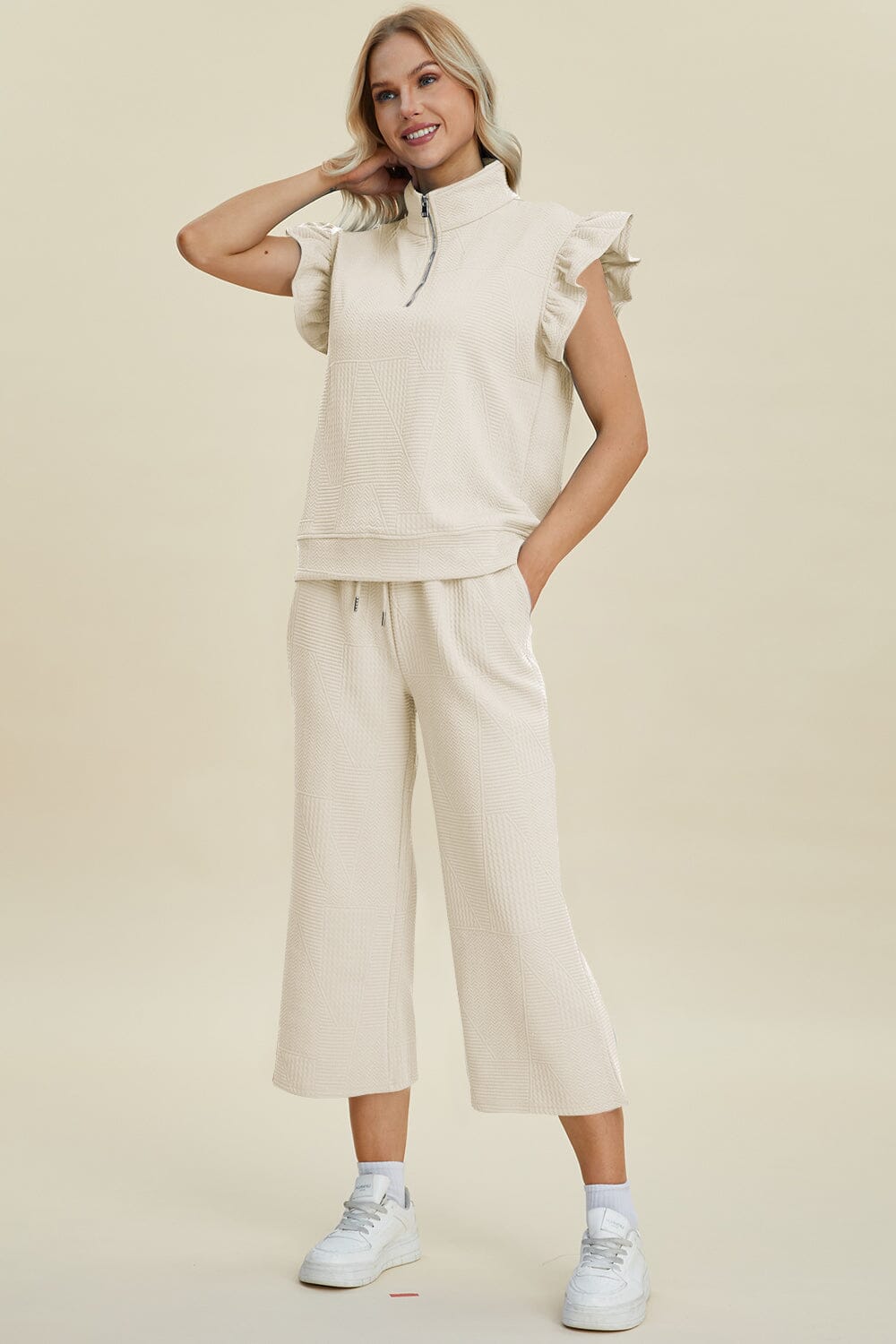 Double Take Full Size Texture Ruffle Short Sleeve Top and Wide Leg Pants Set - Sydney So Sweet