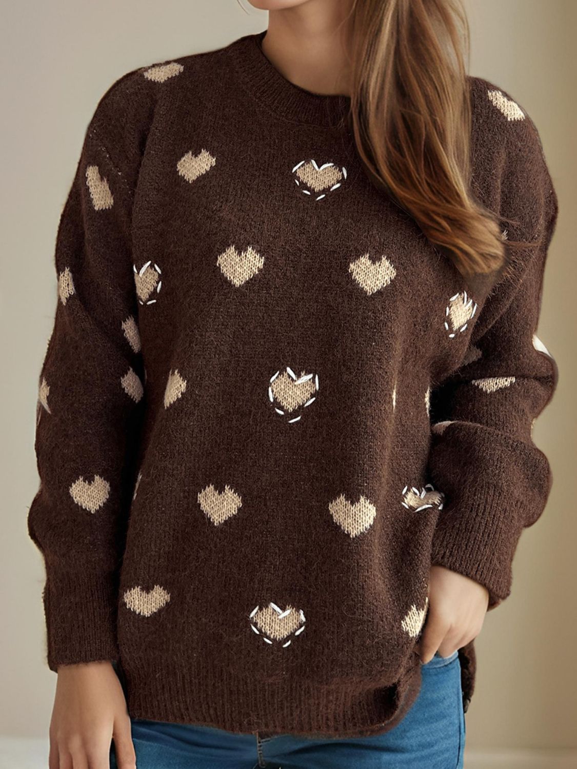 Heart Round Neck Long Sleeve Sweater - Sydney So Sweet