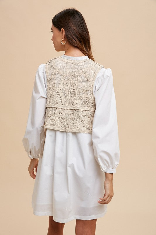 Annie Wear Crochet Vest Notched Long Sleeve Shirt Dress - Sydney So Sweet