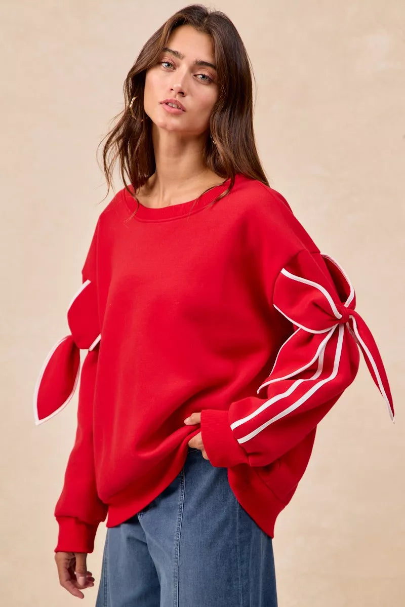BiBi Bow Detail Sleeves Fleece Sweatshirt - Sydney So Sweet
