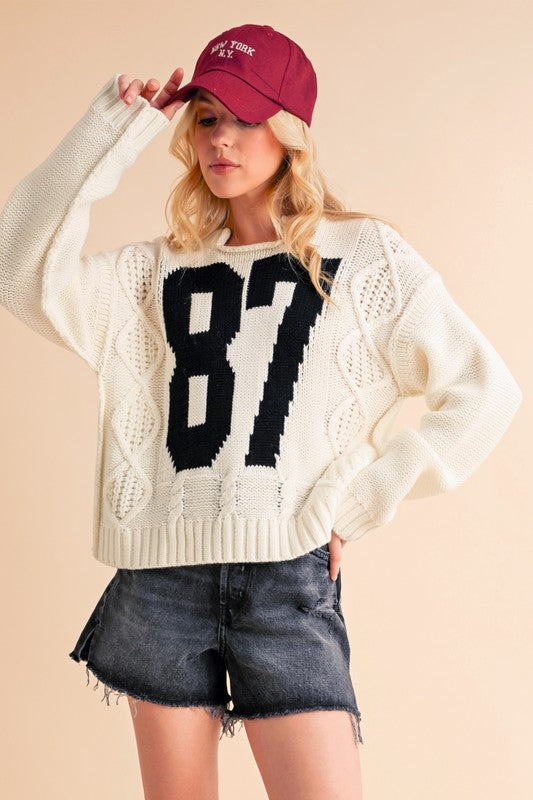 Aemi+Co Contrast 87 Number Cable Knit Drop Shoulder Sweater - Sydney So Sweet