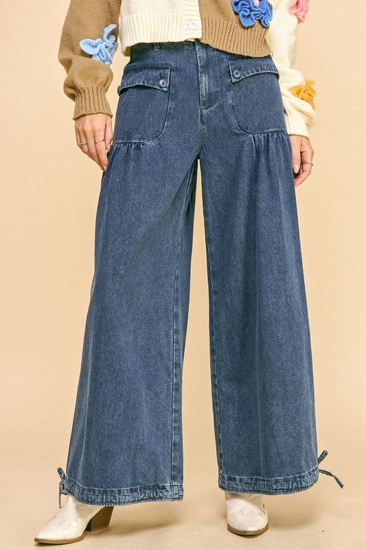 Davi & Dani Drawstring Hem Wide Leg Mid Rise Jeans - Sydney So Sweet