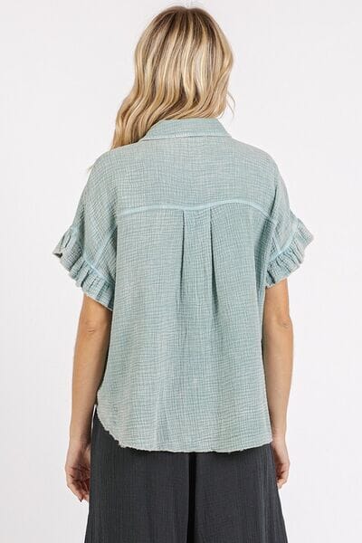 Mittoshop Mineral Washed Button Down Flounce Sleeve Shirt - Sydney So Sweet