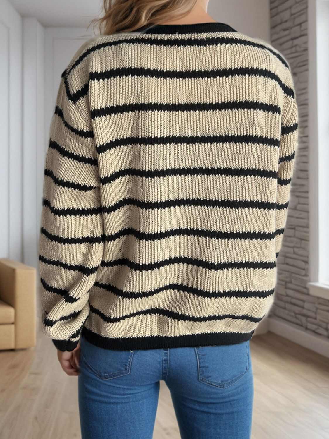 Striped Round Neck Long Sleeve Cardigan - Sydney So Sweet