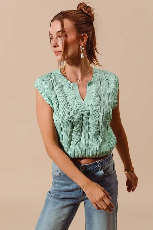 SO ME Notched Neck Cable Knit Sweater Vest - Sydney So Sweet