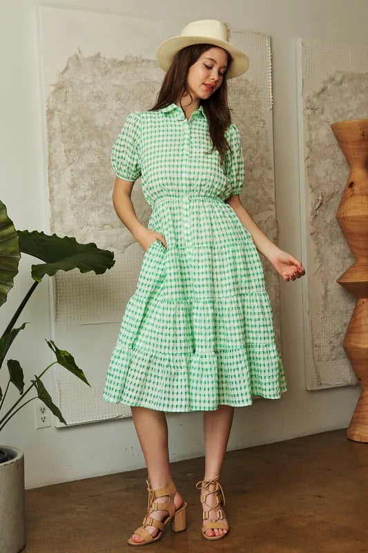 Davi & Dani Checkered Puff Sleeve Tiered Shirt Dress - Sydney So Sweet