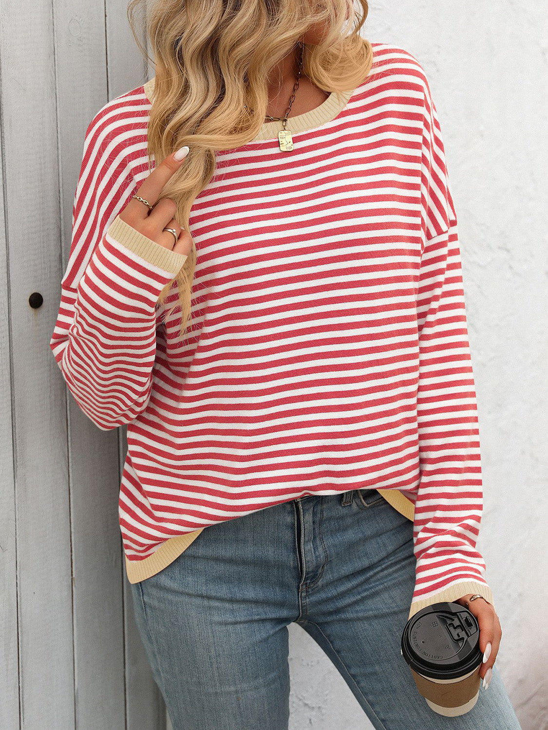 Mandy Striped Round Neck Long Sleeve Sweater - Sydney So Sweet