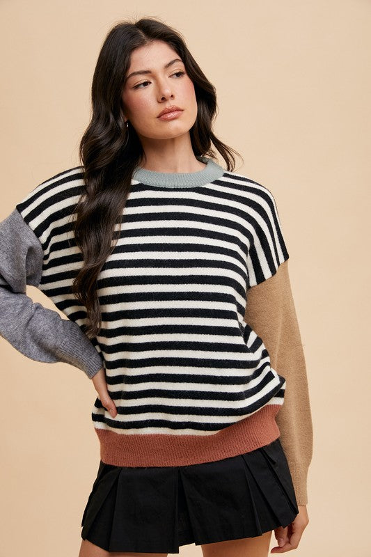 Annie Wear Striped Color Block Round Neck Sweater - Sydney So Sweet