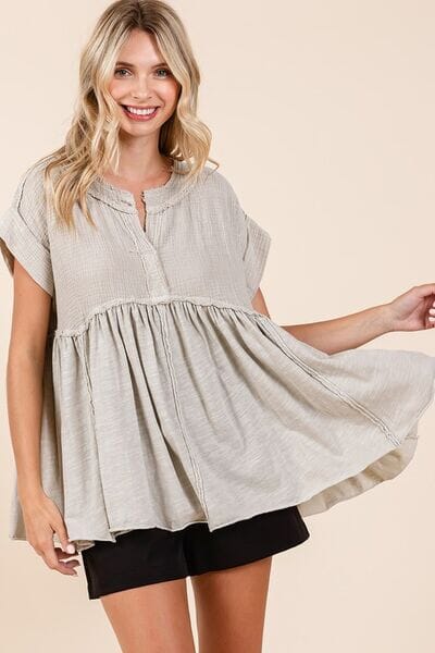 Mittoshop Mixed Media Mineral Wash Babydoll Short Sleeve Blouse - Sydney So Sweet