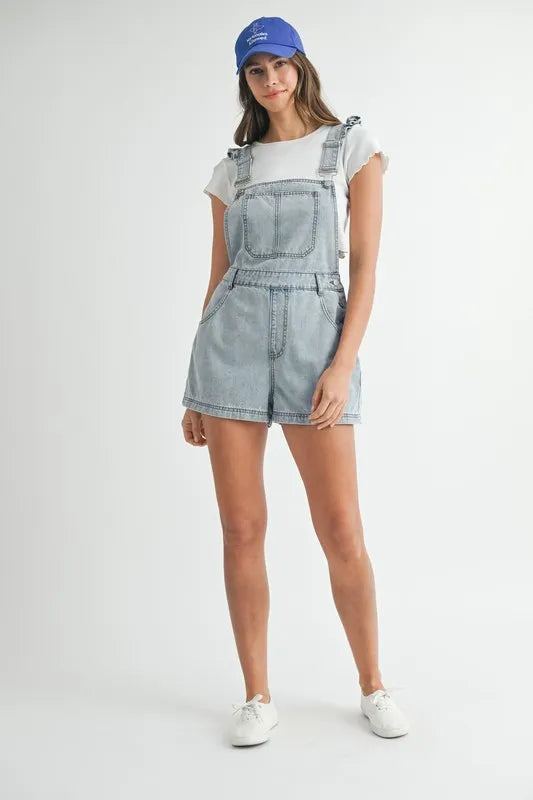 MABLE Square Neck Ruffle Shoulder Denim Overall Romper - Sydney So Sweet