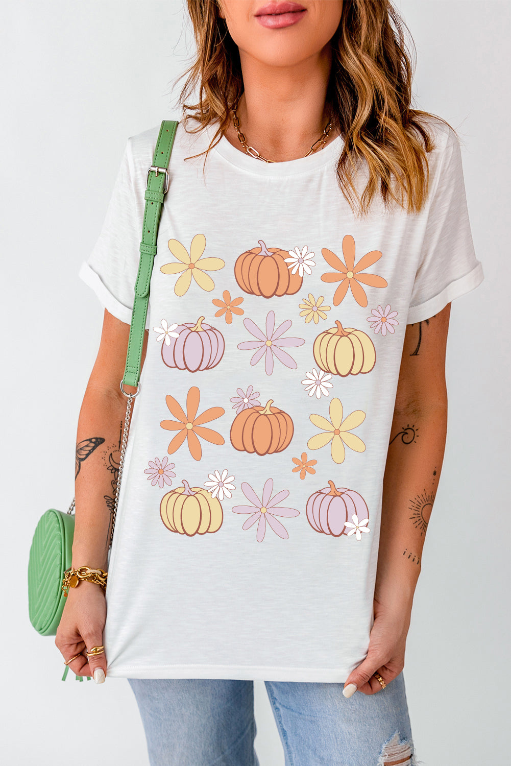 Pumpkin &amp; Flower Round Neck Short Sleeve T-Shirt - Sydney So Sweet