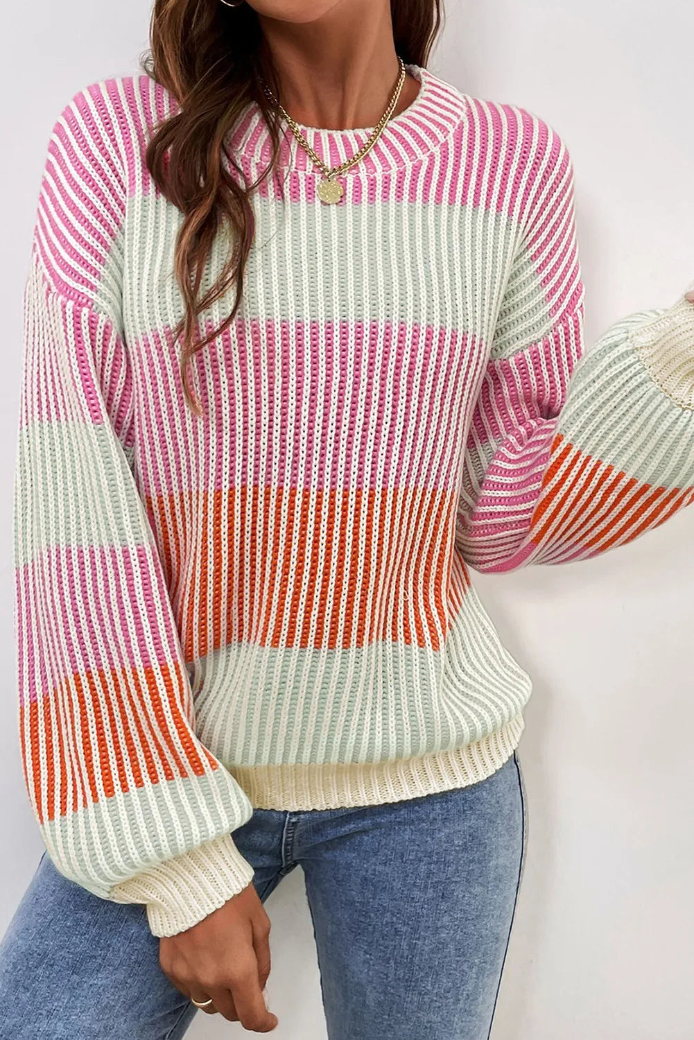 Striped Color Block Round Neck Long Sleeve Sweater - Sydney So Sweet