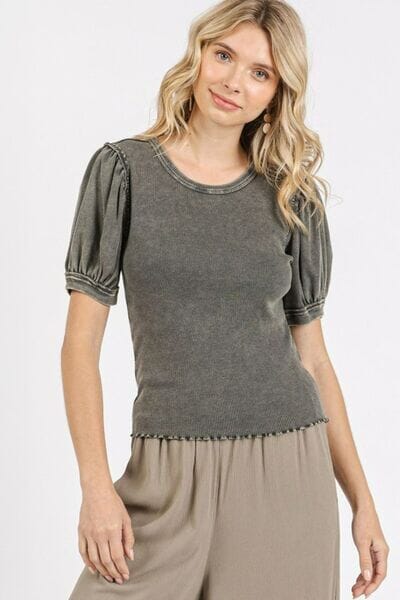 Mittoshop Mineral Wash Puff Sleeve Rib Knit Top - Sydney So Sweet