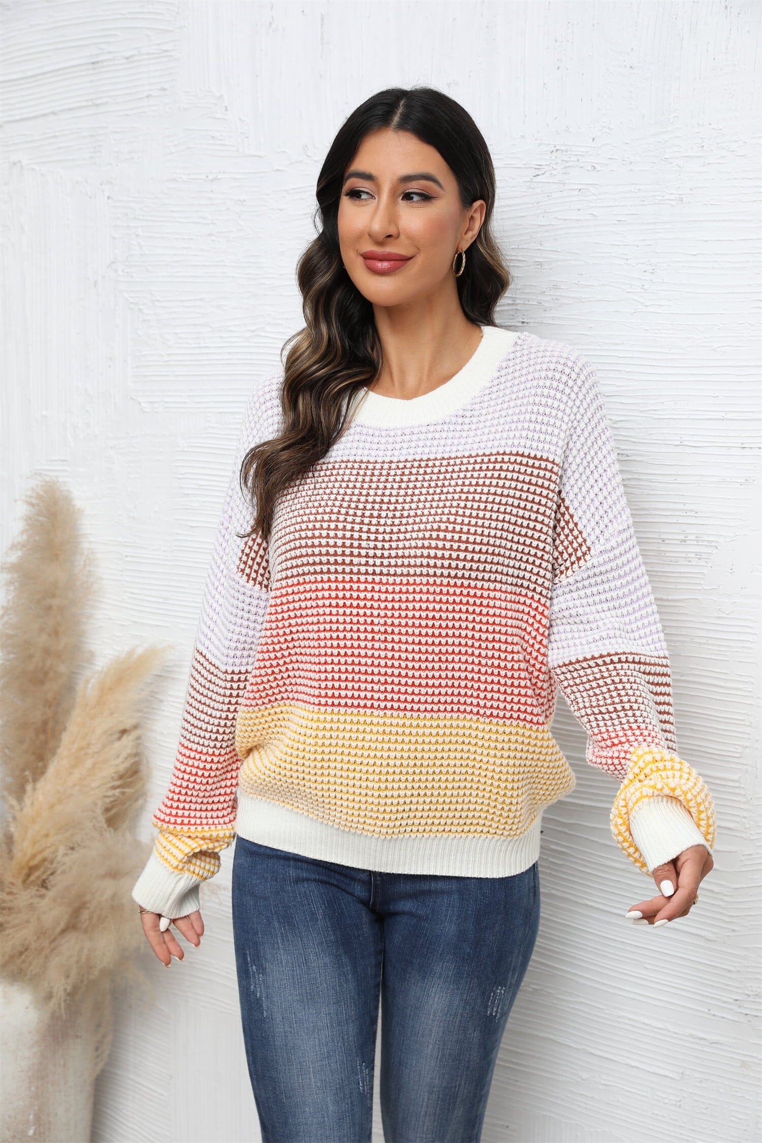 Waffle-Knit Round Neck Dropped Shoulder Color Block Sweater - Sydney So Sweet