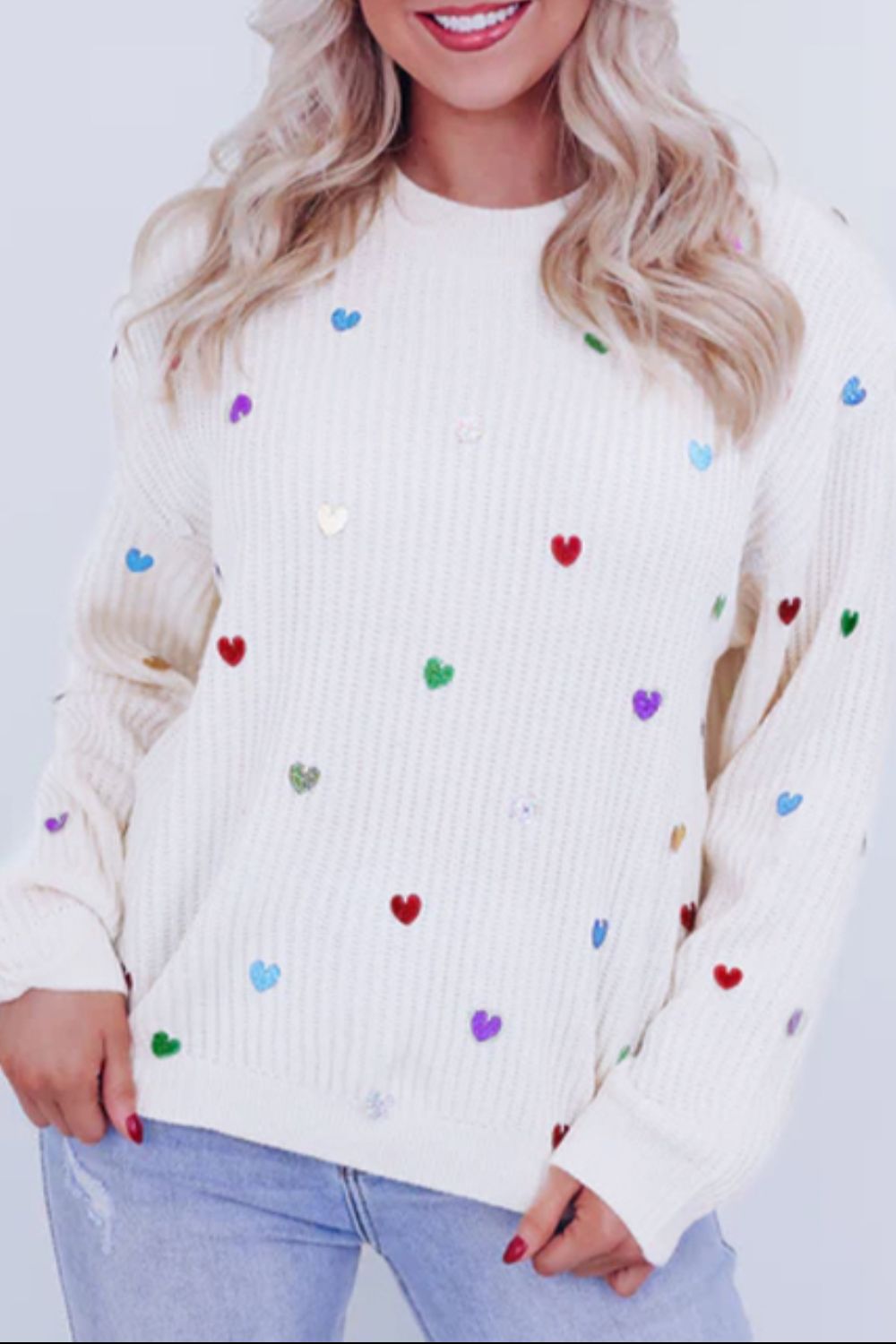 Heart Sequin Round Neck Long Sleeve Sweater - Sydney So Sweet