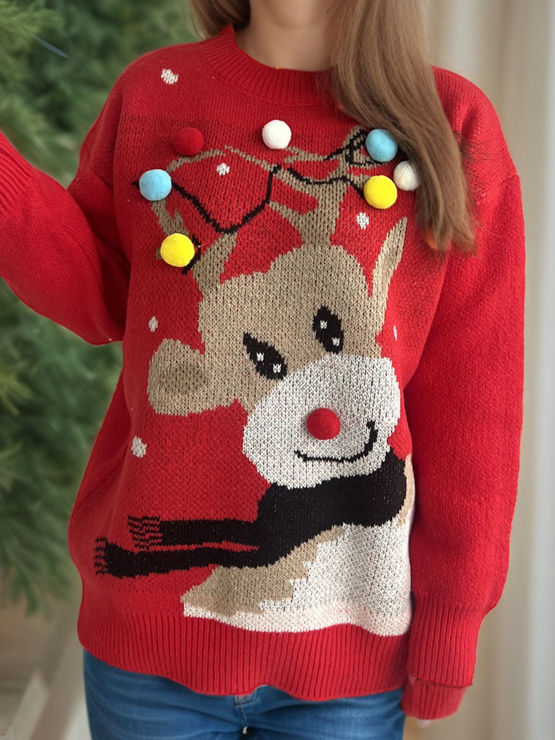 Reindeer Round Neck Long Sleeve Sweater - Sydney So Sweet