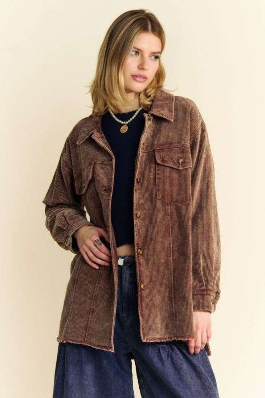 Davi & Dani Washed Corduroy Raw Hem Button Up Jacket - Sydney So Sweet