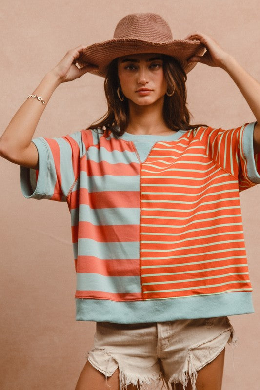 BiBi Striped Round Neck Half Sleeve French Terry Top - Sydney So Sweet