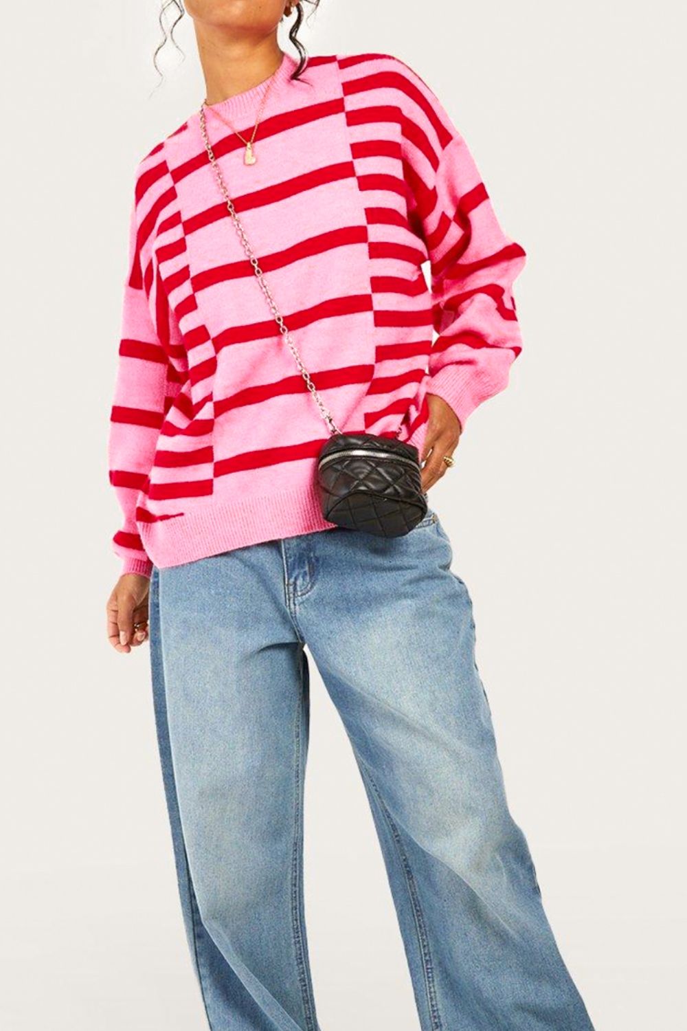 Striped Round Neck Dropped Shoulder Sweater - Sydney So Sweet