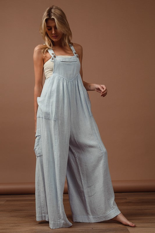 BiBi Vintage Washed Crinkle Gauze Wide Leg Overalls - Sydney So Sweet