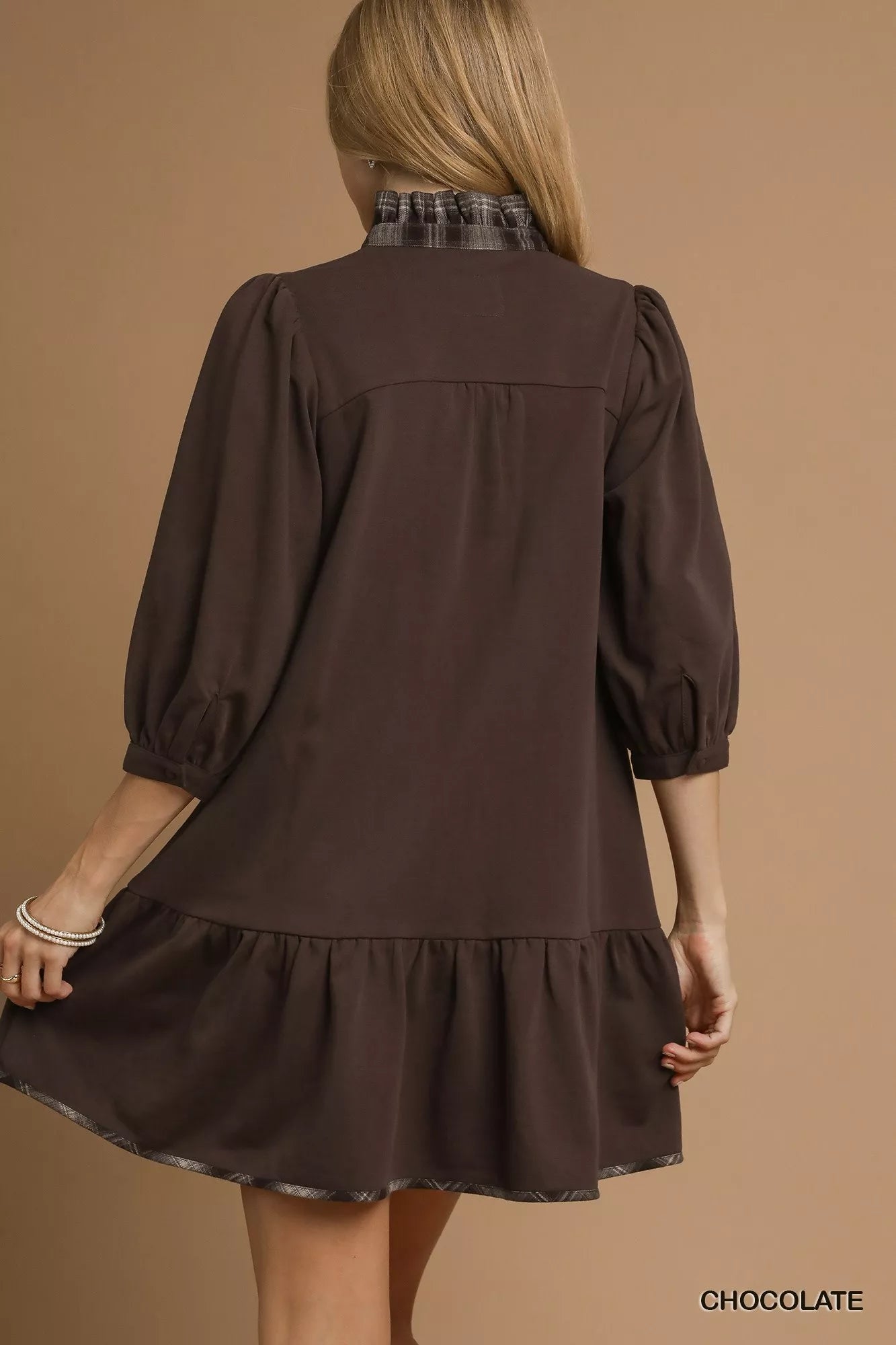 Umgee French Terry Ruffle Hem Dress with Plaid Trim - Sydney So Sweet