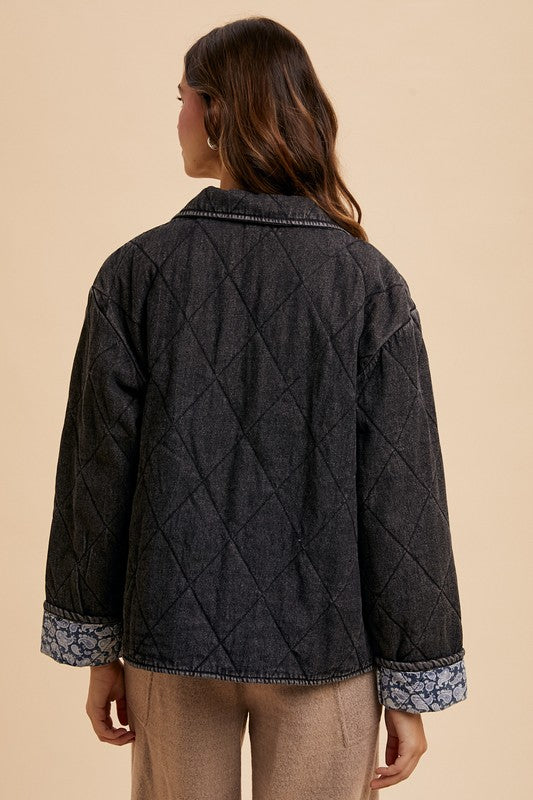 Annie Wear Quilted Printed Lining Snap Down Denim Jacket - Sydney So Sweet