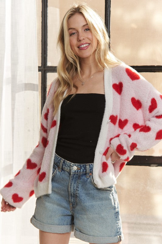 ADORA Fuzzy Heart Button Down Cardigan - Sydney So Sweet