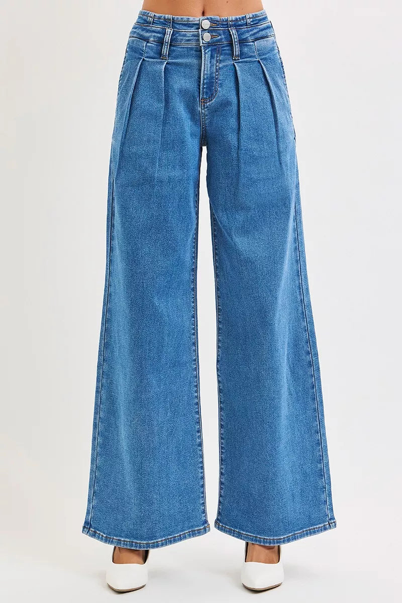 RISEN Full Size Mid Rise Fit Wide Leg with Pleated Detail Jeans Plus Size - Sydney So Sweet