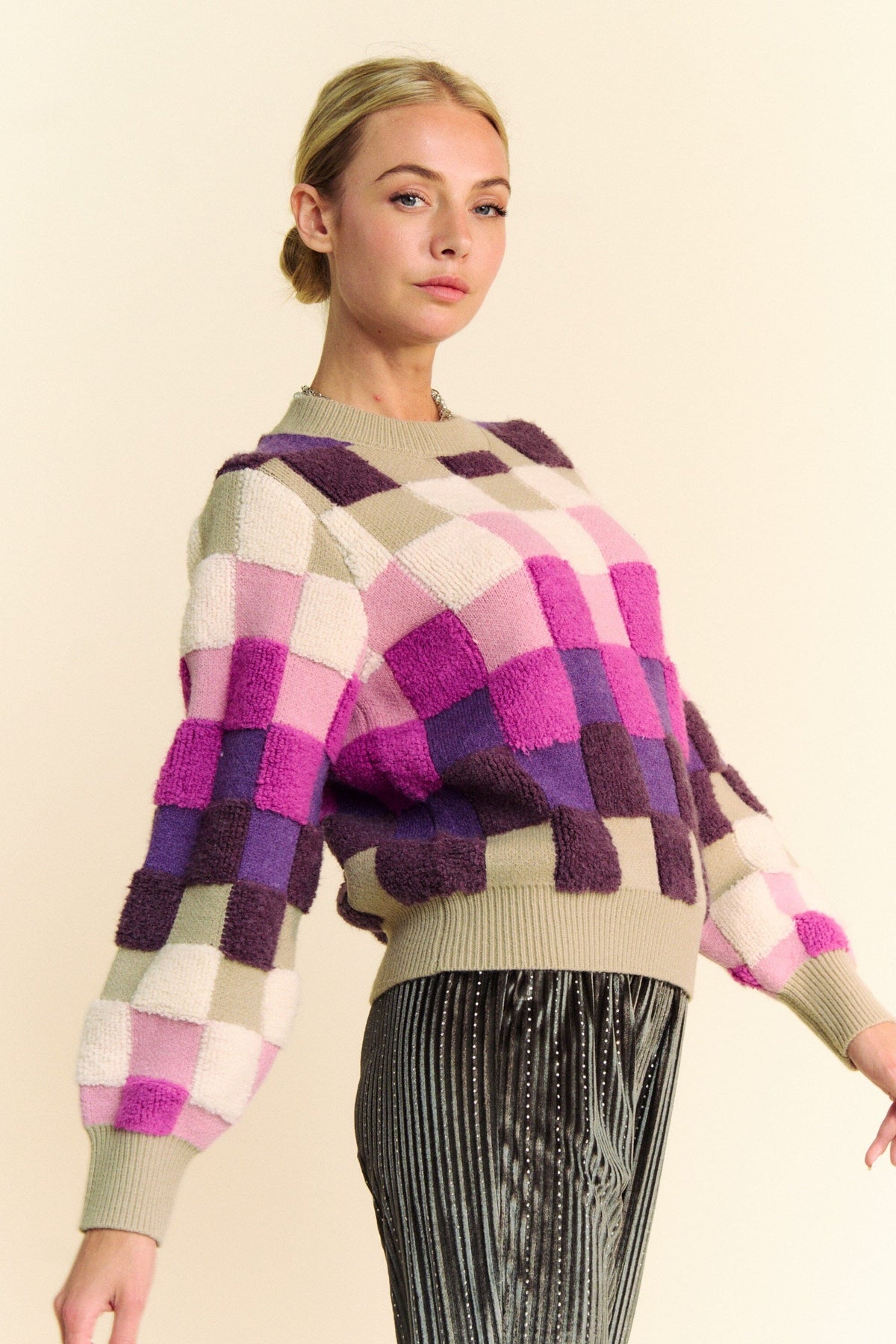 Davi & Dani Checkered Round Neck Long Sleeve Sweater - Sydney So Sweet